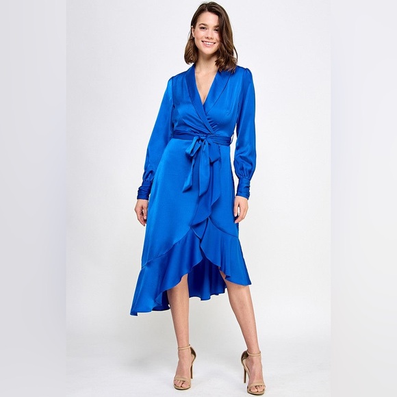 Milk & Honey Dresses & Skirts - Satin Wrap High-Low Dress in Royal Blue